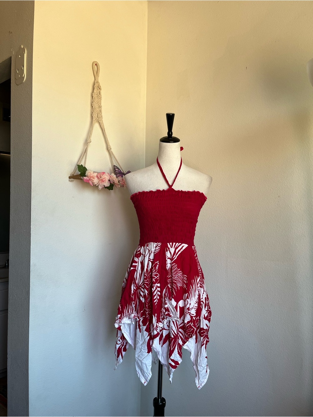Y2K hot pink & White Tropical Halter Dress